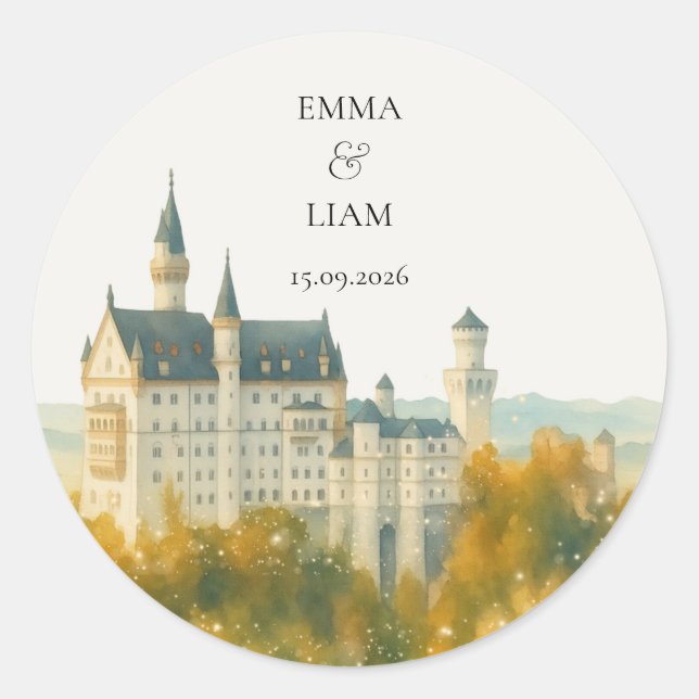 Sticker Rond Mariage au château de conte de fées élégant (Devant)