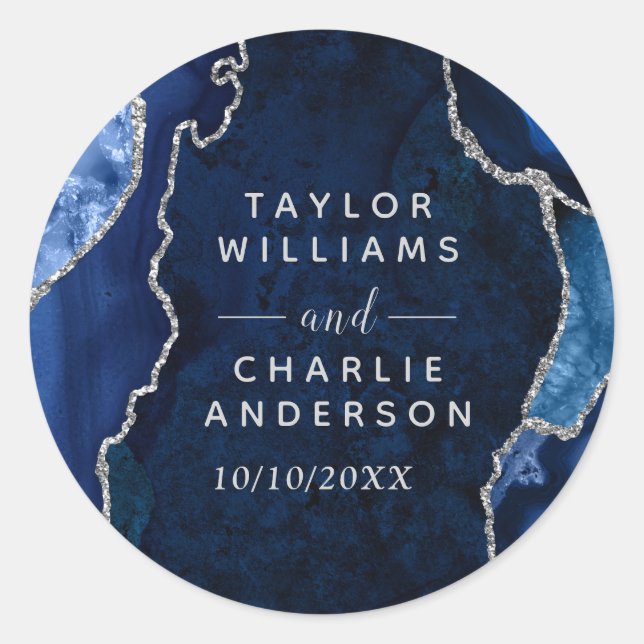 Sticker Rond Mariage au marbre agate Navy et argenté (Devant)