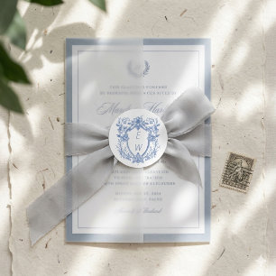 Sticker Rond Mariage au monogramme à crête bleue élégant