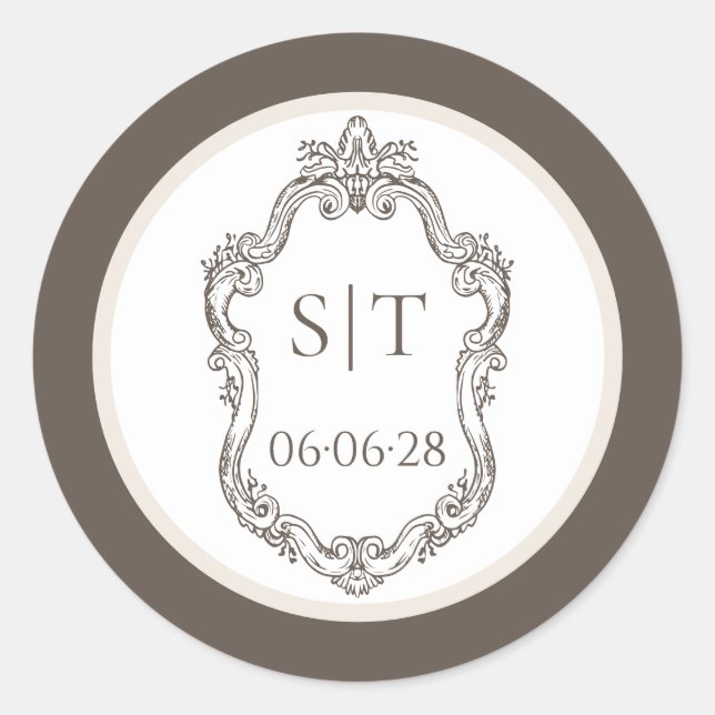 Sticker Rond Mariage au Monogramme Crème et Mocca (Devant)
