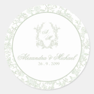 Sticker Rond Mariage au monogramme crête toile florale sage élé
