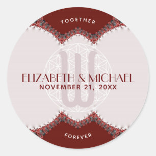 Sticker Rond Mariage au monogramme en dentelle rouge et blanc