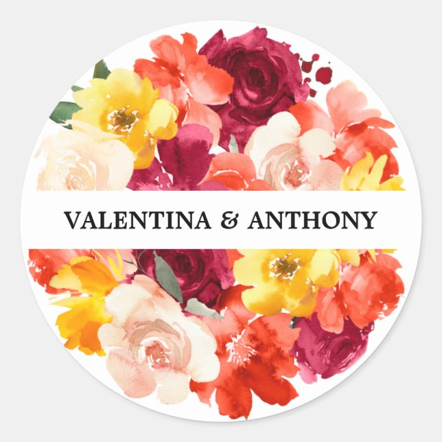 Sticker Rond Mariage automnal floral rose bordeaux orange (Devant)