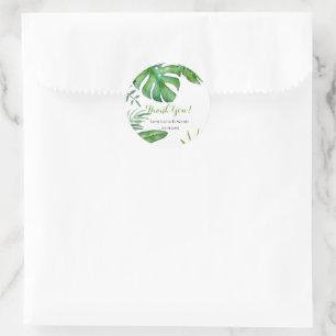 Sticker Rond Mariage aux feuilles de Monstera vertes aquarelles