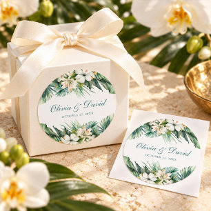 Sticker Rond Mariage aux feuilles tropicales et fleurs blanches