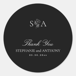 Sticker Rond Mariage aux fleurs sauvages noir et blanc Monogram