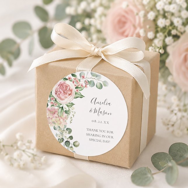 Sticker Rond Mariage aux Hydrangeas Fleurs Roses Pivoines Eucal (Pink Floral Hydrangea Peony Eucalyptus Wedding Classic Round Sticker)