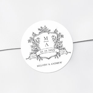 Sticker Rond Mariage aux monogrammes à crête florale noir et bl