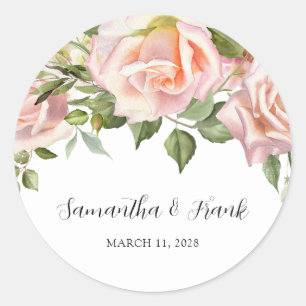 Sticker Rond Mariage aux Roses Roses Blush Aquarelle