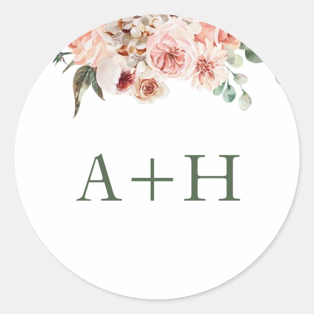 Sticker Rond Mariage aux Roses Roses Blush et Feuillage (Devant)
