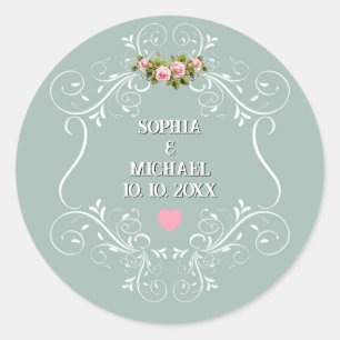 Sticker Rond Mariage aux Roses Roses Fleuris et Vert Sauge Vint