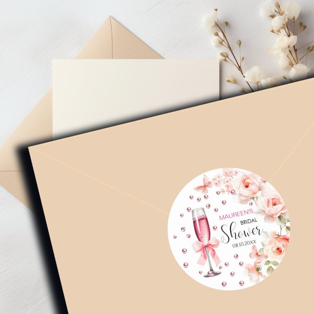 Sticker Rond Mariage avec des roses roses poussiéreuses perles  (Créateur téléchargé)