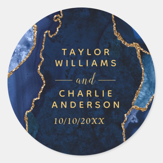 Sticker Rond Mariage avec un marbre agate doré et bleu marine (Devant)