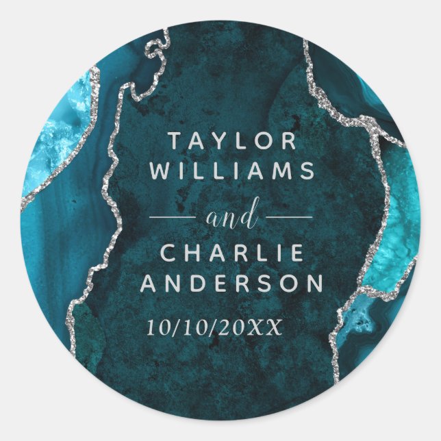 Sticker Rond Mariage avec un marbre d'agate argent et sarcelle (Devant)