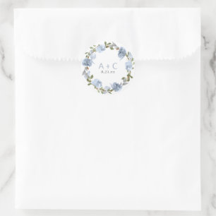 Sticker Rond Mariage Baby Shower Dusty Blue Gris Aquarelle