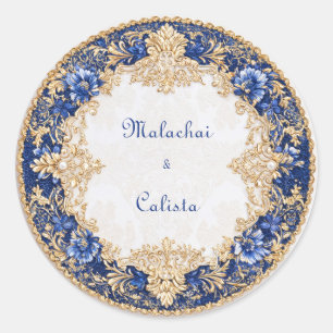 Sticker Rond Mariage Baroque Or Bleu Saphir Victorien Royal