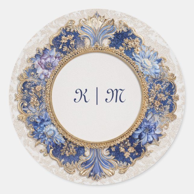 Sticker Rond Mariage Baroque Or Ton Bleu Damassé (Devant)
