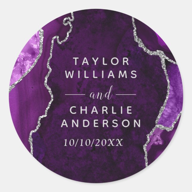 Sticker Rond Mariage Bille d'Agate Violette et Argentée (Devant)