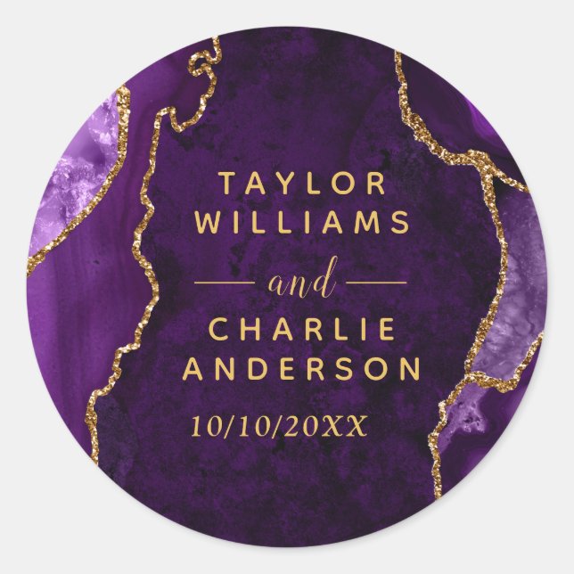 Sticker Rond Mariage Bille d'agate violette et dorée (Devant)