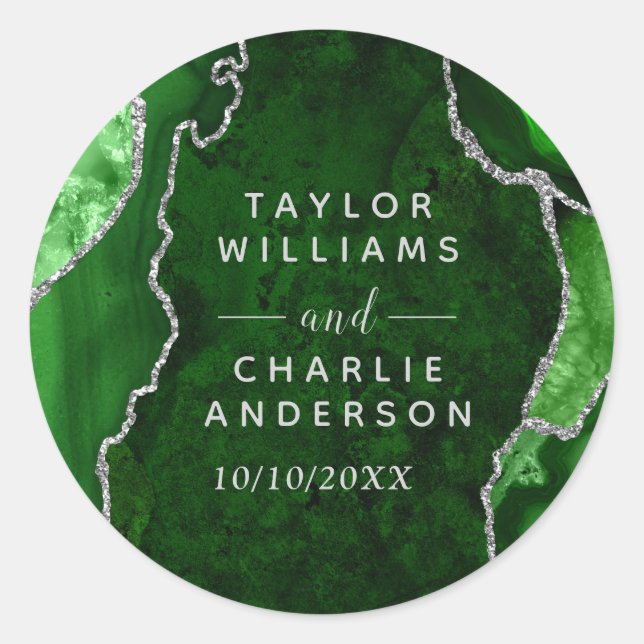 Sticker Rond Mariage Bille de Marbre Agate Verte et Argentée (Devant)