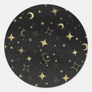 Sticker Rond Mariage Black & Gold Celestial Moon Stars