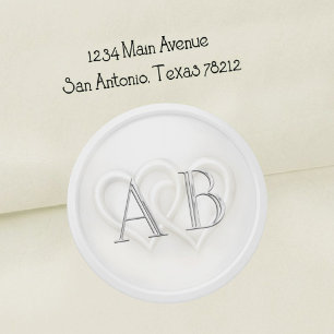 Sticker Rond Mariage Blanc à Deux Cœurs Monogramme Argent