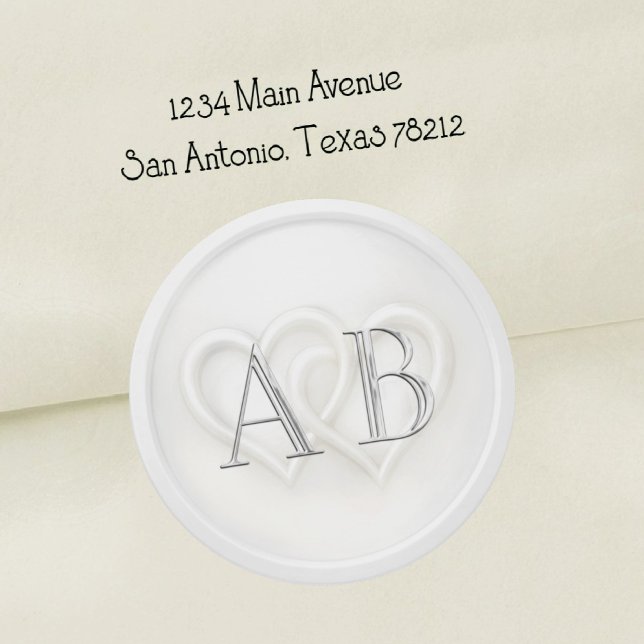 Sticker Rond Mariage Blanc à Deux Cœurs Monogramme Argent (Créateur téléchargé)