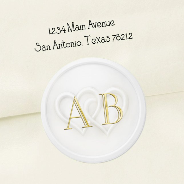 Sticker Rond Mariage Blanc à Deux Cœurs Monogramme Or (Créateur téléchargé)