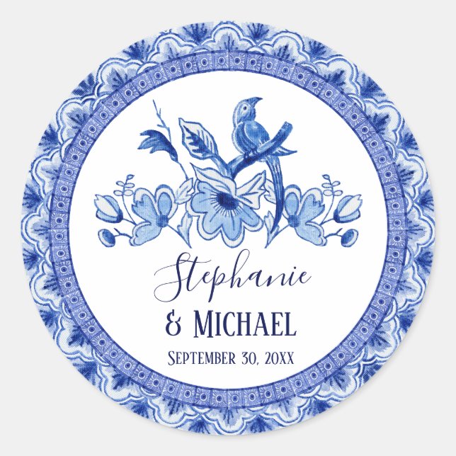 Sticker Rond Mariage Blanc Bleu Marine Asiatique de Chinoiserie (Devant)