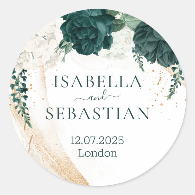 Sticker Rond Mariage Blanc Émeraude Rose Floral Vert (Devant)