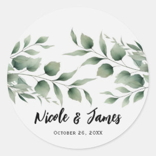 Sticker Rond Mariage Blanc Moderne avec Feuillage Minimal