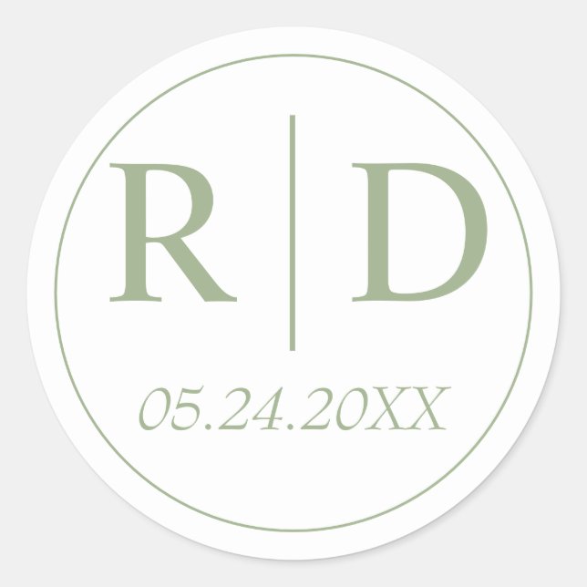 Sticker Rond Mariage blanc monogramme vert Sage (Devant)