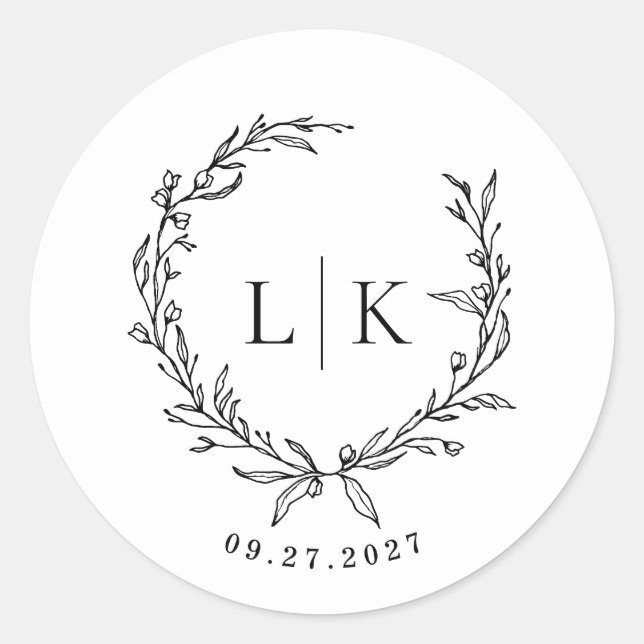 Sticker Rond Mariage blanc noir de monogramme de la feuille (Devant)