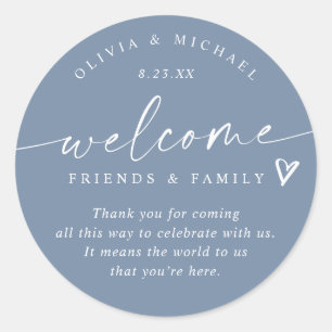 Sticker Rond Mariage bleu Dusty moderne Welcome Hotel Sac