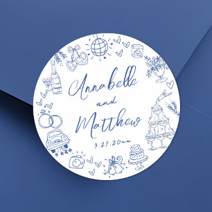 Sticker Rond Mariage Bleu Fantaisiste aux Dessins Originaux à l