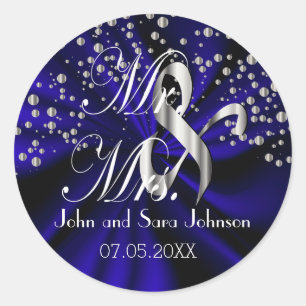 Sticker Rond Mariage bleu foncé pour M. & Mme.   Personnaliser