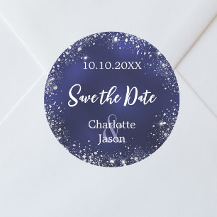 Sticker Rond Mariage bleu marine en argent Enregistrer la date