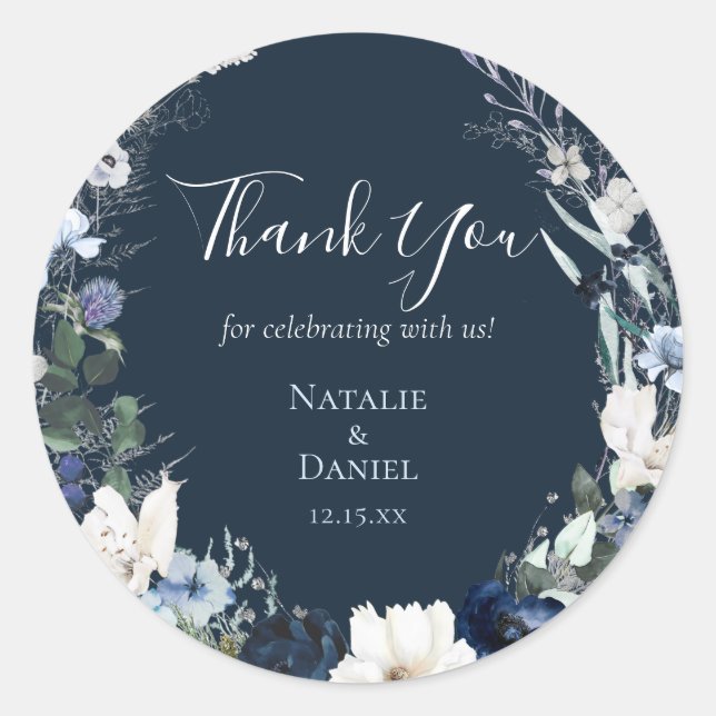 Sticker Rond Mariage bleu marine Floral Merci (Devant)