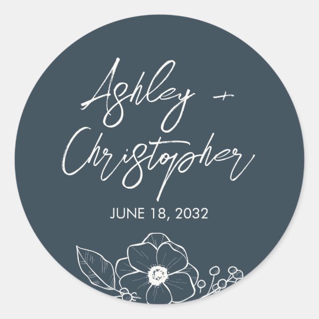 Sticker Rond Mariage bleu marine floral minimal (Devant)