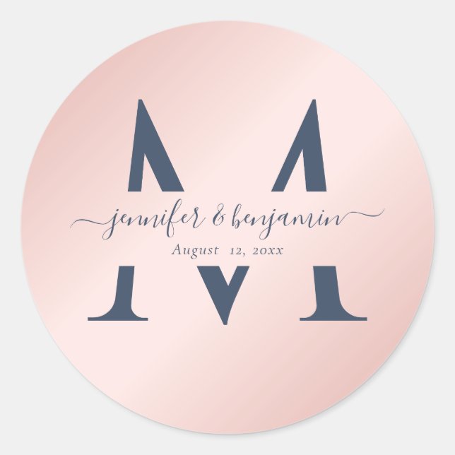 Sticker Rond Mariage bleu marine Monogramme Enveloppe Phoques (Devant)
