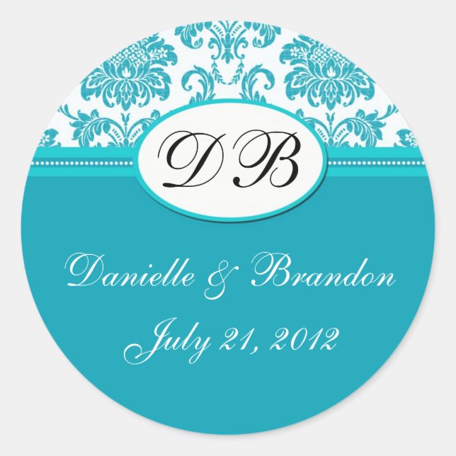 Sticker Rond Mariage bleu Monogramme Damask Seal (Devant)
