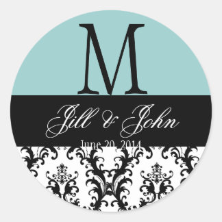 Sticker Rond Mariage bleu Monogramme Enregistrer Date Damask Se