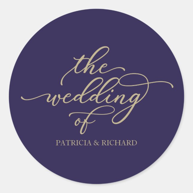 Sticker Rond Mariage Bleu Nuit Calligraphie Or Chic (Devant)