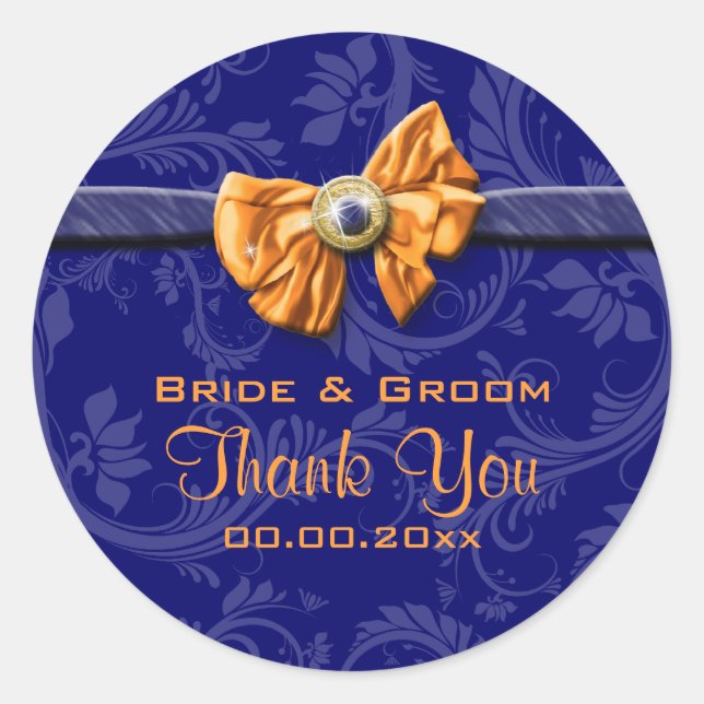 Sticker Rond Mariage bleu orange de la marine "merci" (Devant)
