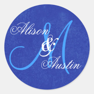 Sticker Rond MARIAGE BLEU ROYAL Personnalisé Monogramme D721