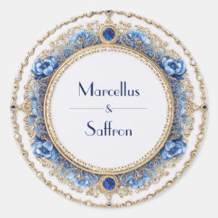 Sticker Rond Mariage bleu saphir victorien royal orné de bijoux