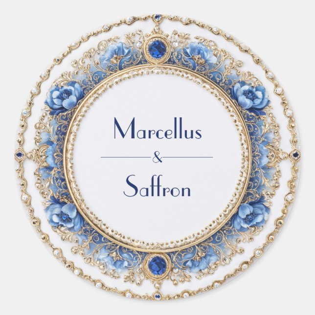Sticker Rond Mariage bleu saphir victorien royal orné de bijoux (Devant)