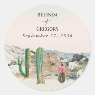 Sticker Rond Mariage Bohème au Cactus du désert à l'aquarelle