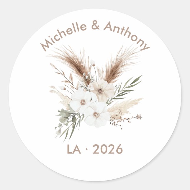 Sticker Rond Mariage Bohème Chic avec Herbe des Pampas Rustique (Devant)