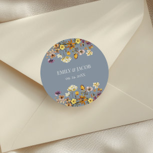 Sticker Rond Mariage Bohème Fleur Sauvage Bleu Poussiéreux